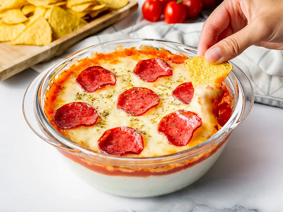 Pizza-Dip in einer Glasschüssel wird gerade mit Nachos gedippt.
