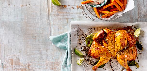 Plattes Huhn mit Süßkartoffel-Pommes Rezept Plattes Huhn mit Süßkartoffel-Pommes Rezept