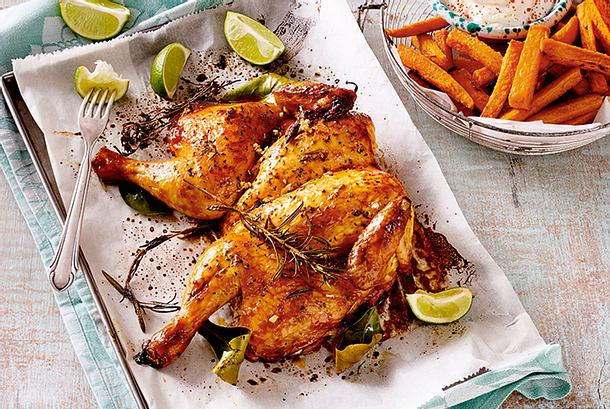 Plattes Huhn mit Süßkartoffelpommes Rezept Plattes Huhn mit Süßkartoffelpommes Rezept