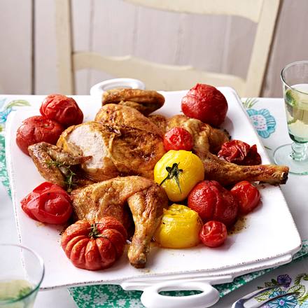 Plattes Huhn zu geschmorten Tomaten Rezept