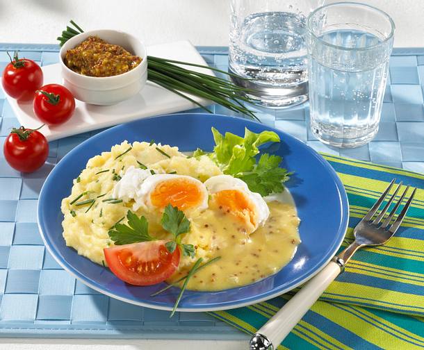 Pochiertes Ei in Senfsoße mit Kartoffelpüree (Diabetiker) Rezept Pochiertes Ei in Senfsoße mit Kartoffelpüree (Diabetiker) Rezept