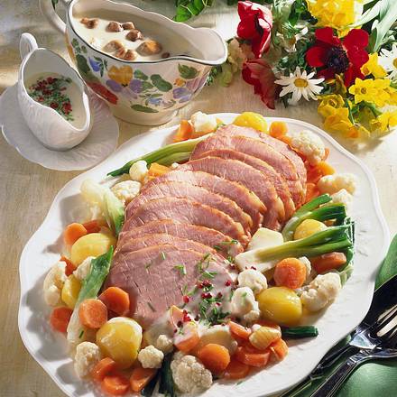 Pochiertes Kasseler mit zweierlei Soßen Rezept Pochiertes Kasseler mit zweierlei Soßen Rezept