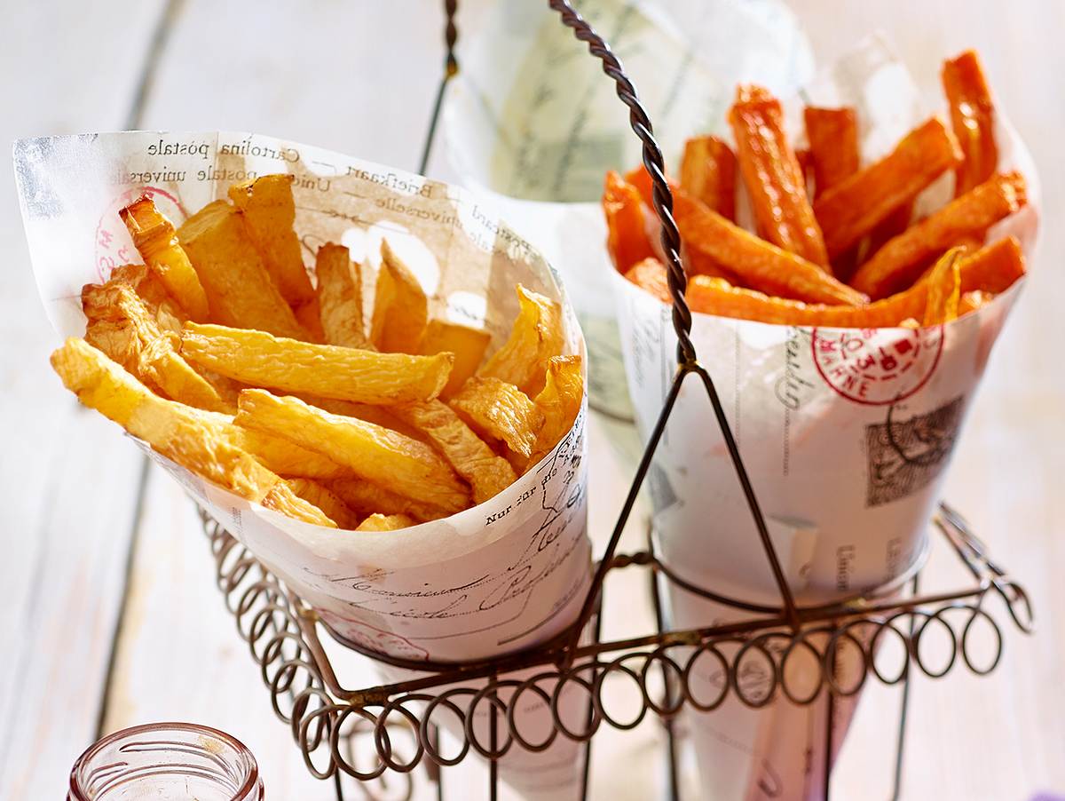 Pommes aus Steckrüben und Möhren mit selbstgemachtem Ketchup Rezept