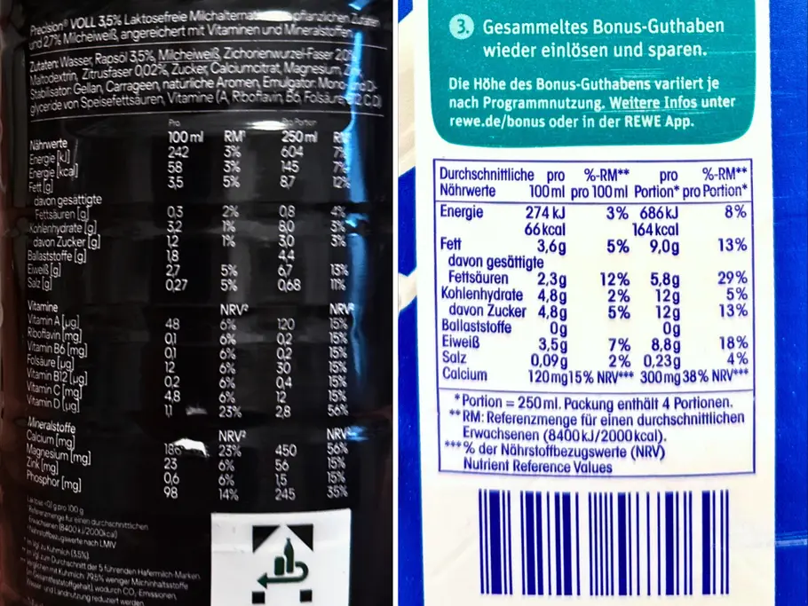 Nährwerte der Precision Milk im Split Screen mit den Nährwerten von Vollmilch