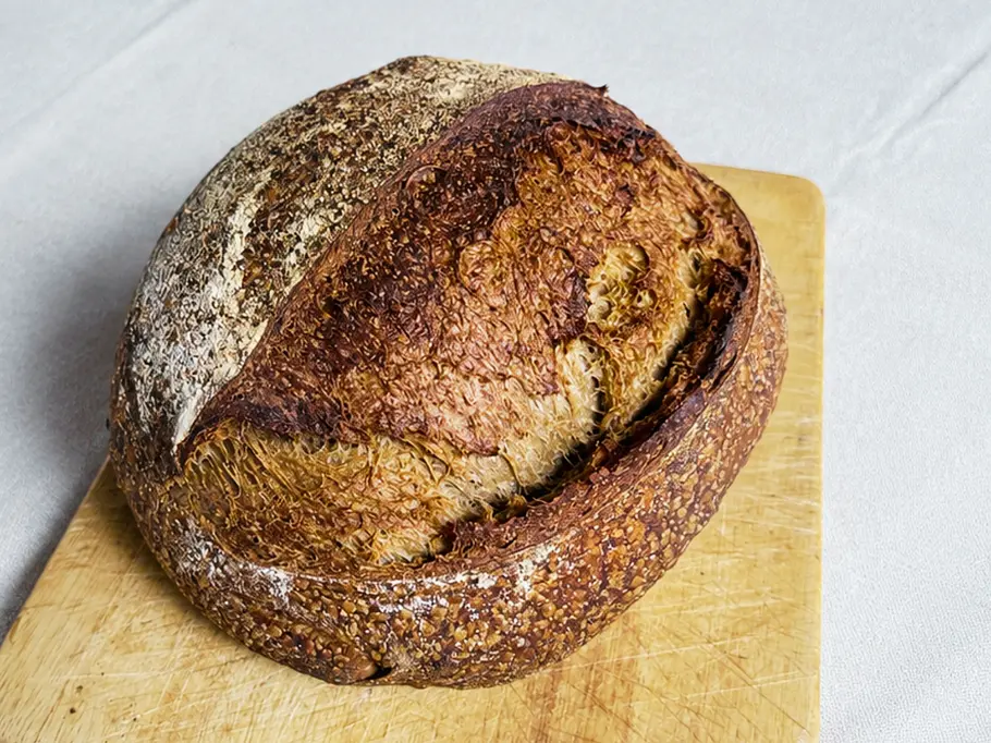Protein-Sauerteigbrot selber backen - Schritt-für-Schritt Ein runder Brotlaib mit kräftig gebräunter, aufgerissener Kruste liegt auf einem Holzbrett auf einer weißen Tischdecke.