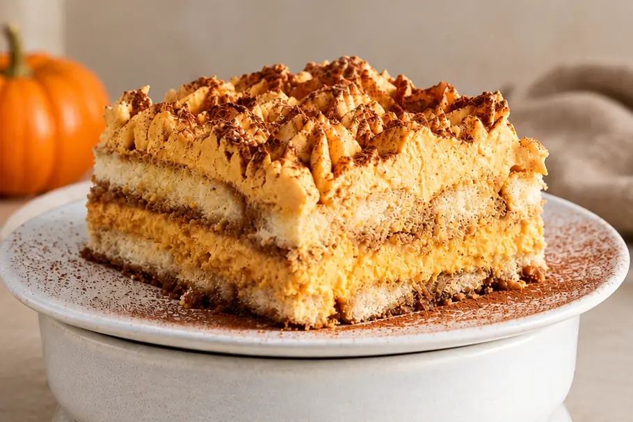 Pumpkin Spice Latte als cremige Löffelei Rezept Herbstliches Kürbis-Tiramisu auf einem hellen Teller. Im Hintergrund ein Kürbis.