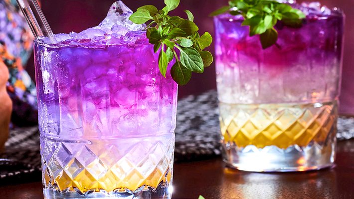 Purple Basil Gin in 2 Gläsern mit frischem Oregano  - Foto: House of Food / Bauer Food Experts KG