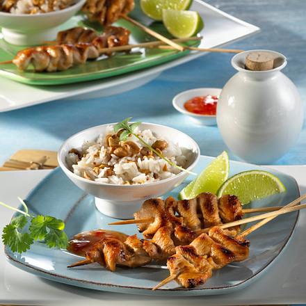 Puten-Satéspieße mit Erdnussreis Rezept Puten-Satéspieße mit Erdnussreis Rezept
