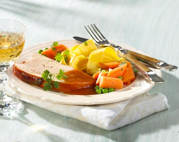 Putenbraten mit Erbsen-Möhrengemüse Rezept Putenbraten mit Erbsen-Möhrengemüse Rezept