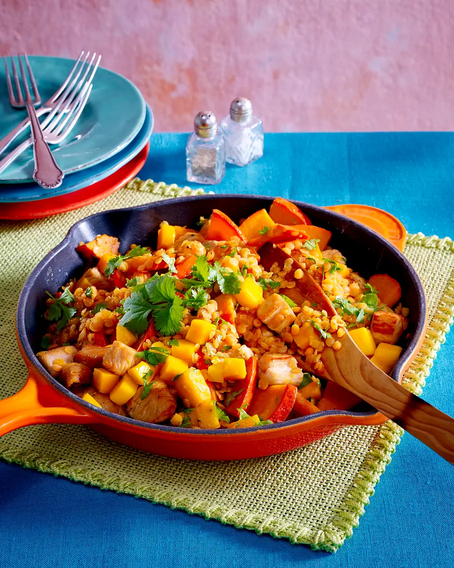Putenbrust mit Mango, Kürbis und roten Linsen Rezept Putenbrust mit Mango, Kürbis und roten Linsen Rezept