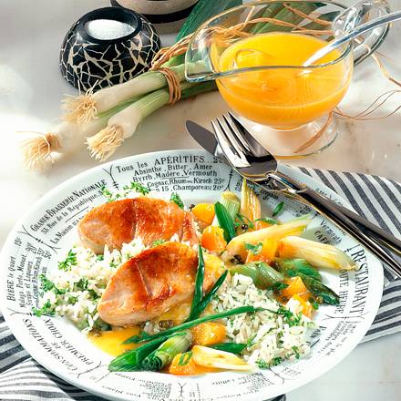 Putenmedaillons mit Aprikosen-Lauchzwiebelgemüse Rezept