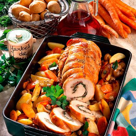 Putenrollbraten auf Schmorgemüse Rezept