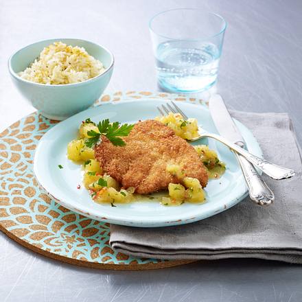 Putenschnitzel in Kokospanade zu Ananas-Chutney und Basmatireis Rezept