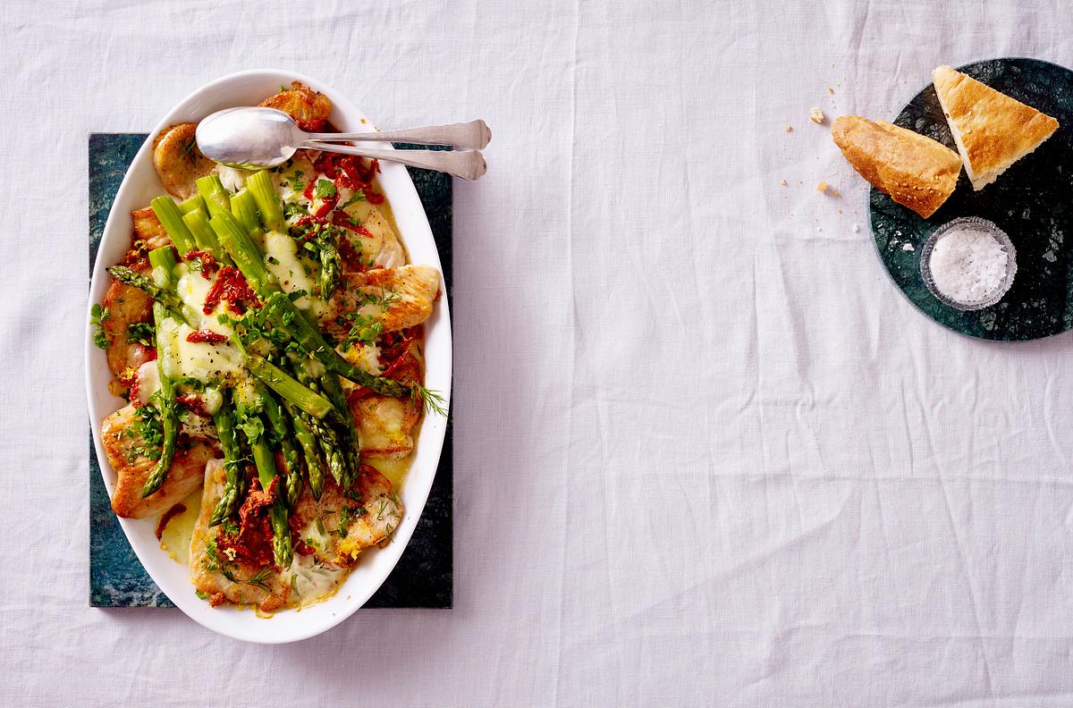 Putenschnitzel mit gratiniertem grünem Spargel Christina Richon Rezept