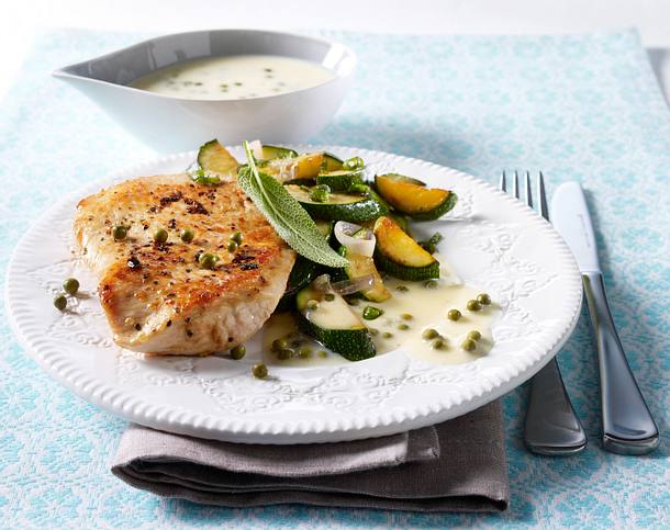 Putenschnitzel mit grüner Pfeffersoße und Zucchinigemüse Rezept Putenschnitzel mit grüner Pfeffersoße und Zucchinigemüse Rezept