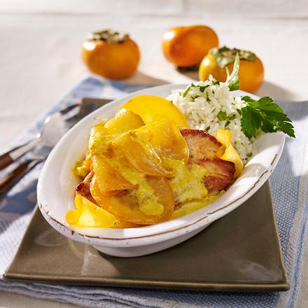 Putenschnitzel mit Kaki-Sahne und Petersilien-Reis Rezept Putenschnitzel mit Kaki-Sahne und Petersilien-Reis Rezept