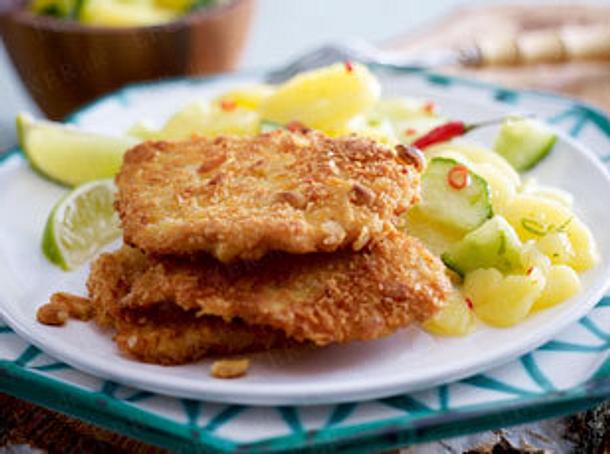 Putenschnitzel mit Panko-Erdnuss-Panade Rezept Putenschnitzel mit Panko-Erdnuss-Panade Rezept