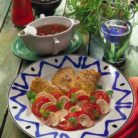Quark-Sesampfannkuchen mit Champignon-Tomaten Rezept Quark-Sesampfannkuchen mit Champignon-Tomaten Rezept