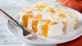Quarkdessert mit Mandarinen: Ein Stück liegt auf einem Teller. Man erkennt die Schichten aus Biskuit, Creme und Mandarinen. - Foto: LECKER @ Bauer Media Group Quarkdessert mit Mandarinen: Ein Stück liegt auf einem Teller. Man erkennt die Schichten aus Biskuit, Creme und Mandarinen. - Foto: LECKER @ Bauer Media Group