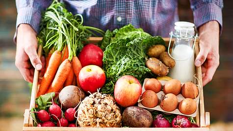 Nachhaltigkeit: Holzkiste mit Obst, Gemüse, Eiern und Milch - Foto: House of Food / Bauer Food Experts KG