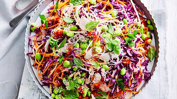 bunter Rainbow-Salad mit Rotkohl, Möhren, Edamame, Paprika, Thai-Basilikum - Foto: House of Food / Food Experts