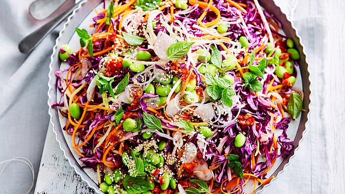 bunter Rainbow-Salad mit Rotkohl, Möhren, Edamame, Paprika, Thai-Basilikum - Foto: House of Food / Food Experts