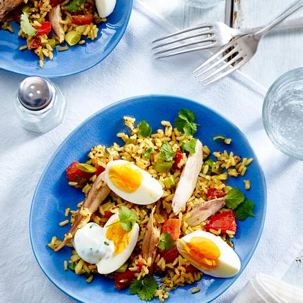 Reis mit hartgekochtem Ei und pochierter Makrele Rezept