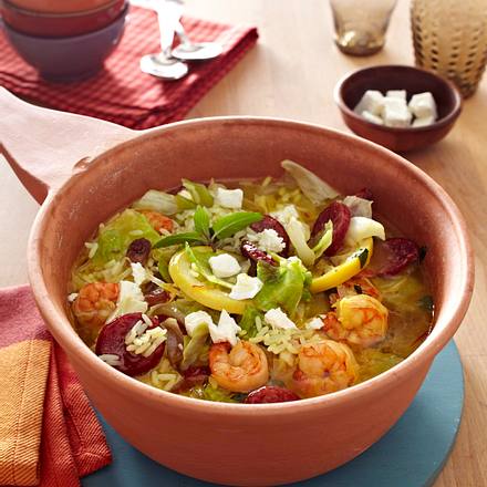 Reistopf mit Garnelen und Kabanossi Rezept Reistopf mit Garnelen und Kabanossi Rezept
