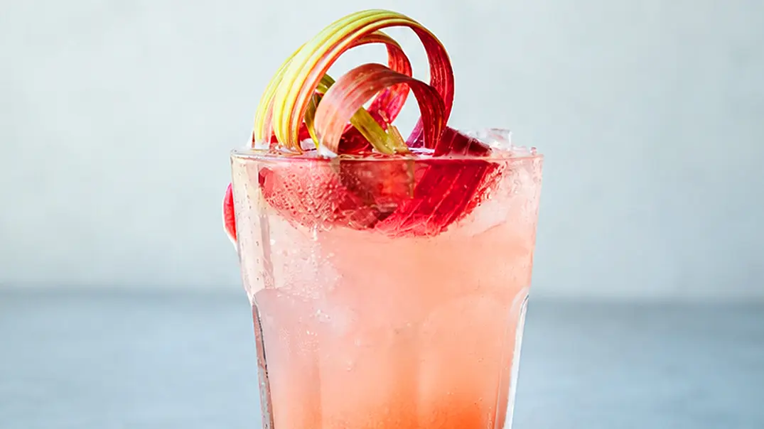 Ein Glas rosafarbenes Rhabarber-Tonic mit Deko aus Rhabarberschale - Foto: Simone Neufing für LECKER @ Bauer Media Group