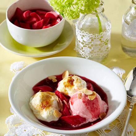 Rhabarbersorbet mit Kompott und Quark brûlée Rezept Rhabarbersorbet mit Kompott und Quark brûlée Rezept