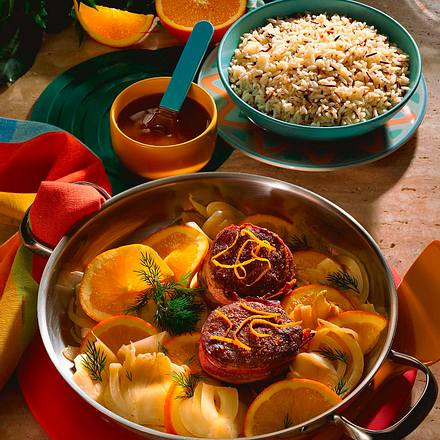 Rindersteaks mit Orangen-Fenchelgemüse Rezept Rindersteaks mit Orangen-Fenchelgemüse Rezept
