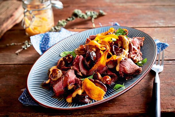 Rindertataki mit karamellisierten Asiapilzen Rezept Rindertataki mit karamellisierten Asiapilzen Rezept