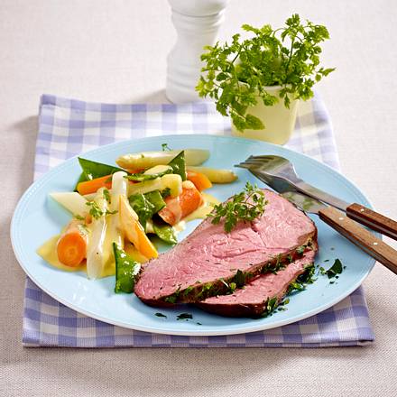 Roastbeef mit Frühlingsgemüse und Hollandaise Rezept Roastbeef mit Frühlingsgemüse und Hollandaise Rezept