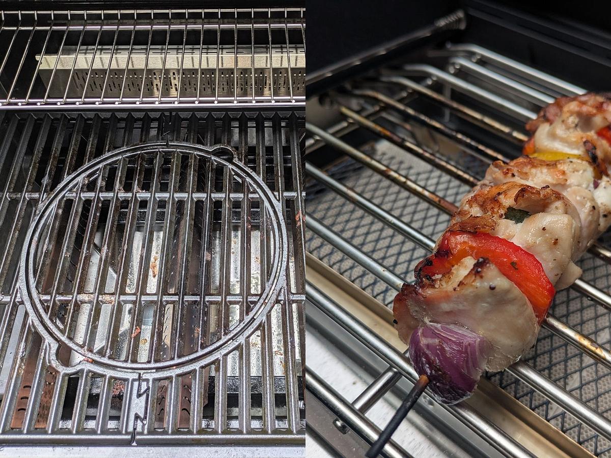 Der Rösle Gasgrill Allflame Hero 4 Vario+-Grillrost, daneben ein gegrillter Spieß mit Gemüse und Fleisch auf der Primzeone.