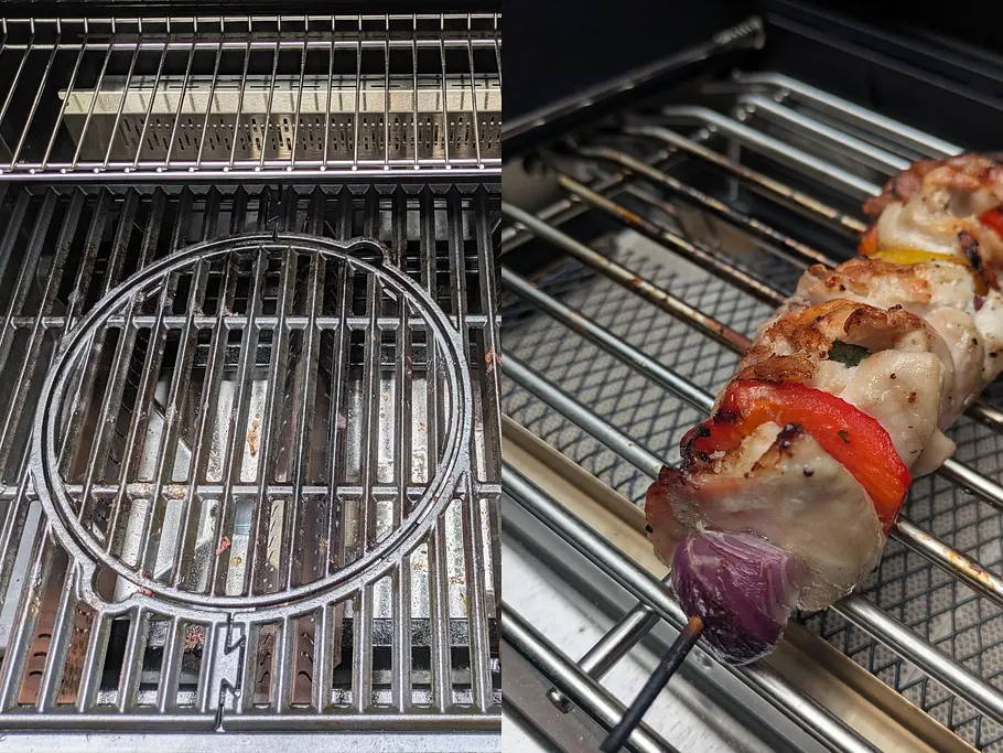 Der Rösle Gasgrill Allflame Hero 4 Vario+-Grillrost, daneben ein gegrillter Spieß mit Gemüse und Fleisch auf der Primzeone.