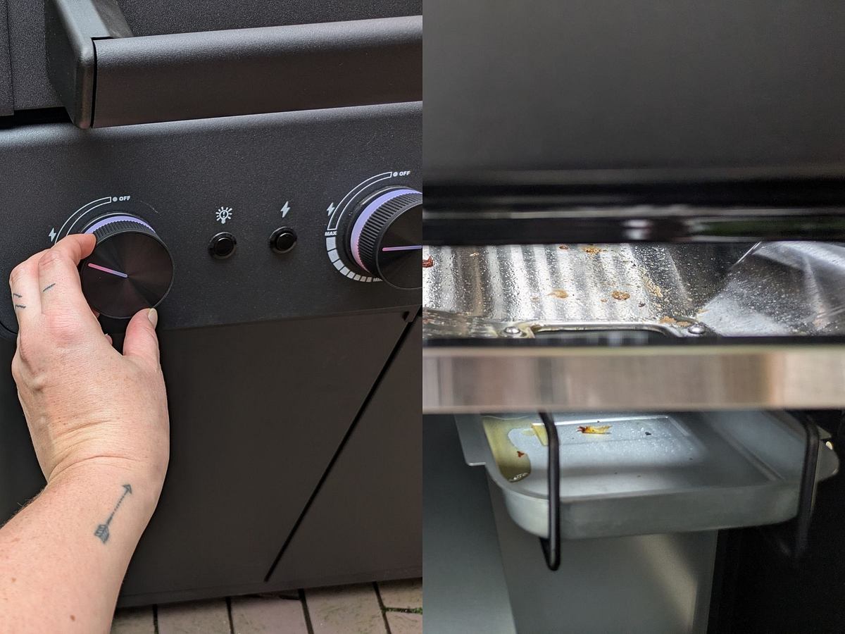 Eine Hand stellt am Rösle Gasgrill Allflame Hero 4 die Temperatur ein, daneben ist die Grillfläche mit Auffangschale erkennbar.