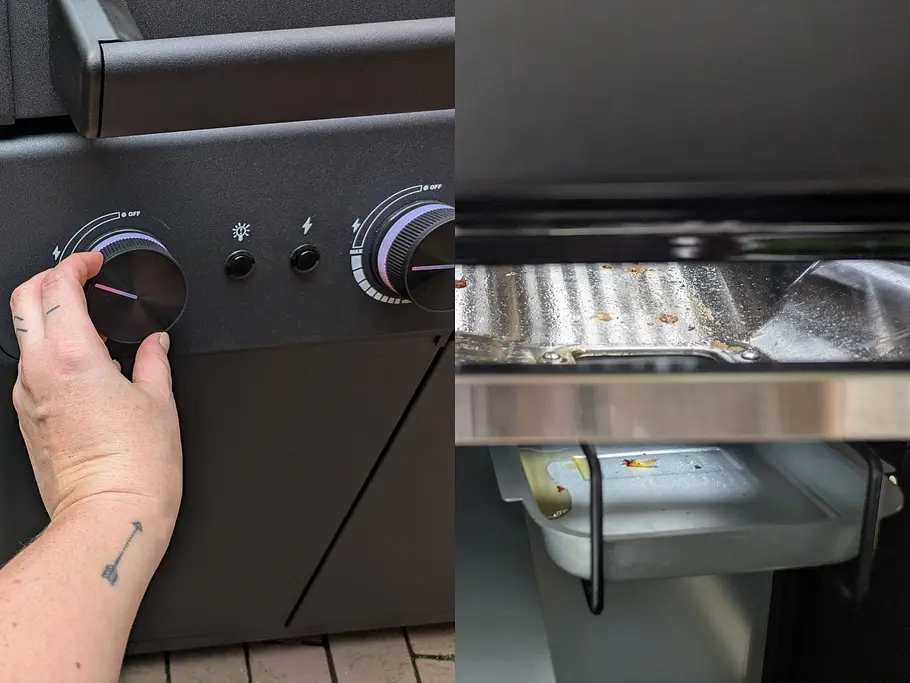 Eine Hand stellt am Rösle Gasgrill Allflame Hero 4 die Temperatur ein, daneben ist die Grillfläche mit Auffangschale erkennbar.