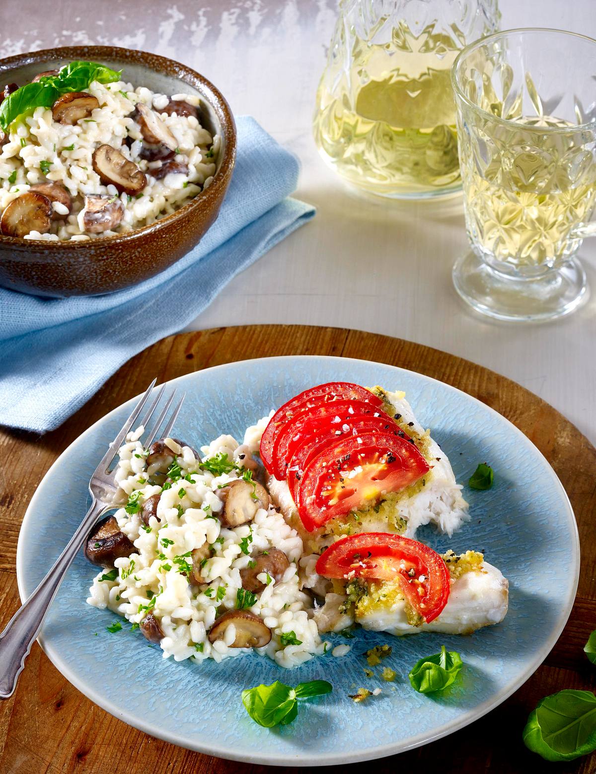 Rotbarsch mit Kräuterhaube zu Pilzrisotto Rezept