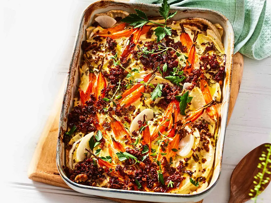 Rüben-Hack-Auflauf mit Quarkguss Rezept