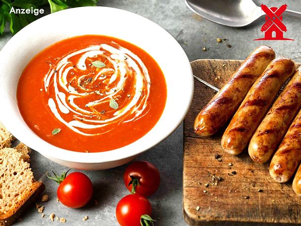 Pikante Sangrita Tomatensuppe mit vegetarischer Bratwurst