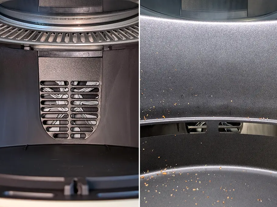Zwei Ansichten vom Ventilator im Russell Hobbs Satisfry Panoramic Airfryer: einmal bei leerem Innenraum, einmal mit eingesetzter Schublade
