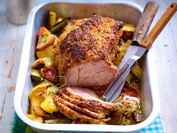 Saftiger Senfbraten mit Porree und Äpfeln Rezept