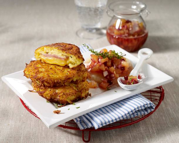 Schinken-Käse-Rösti mit Ananas-Chutney (mehr Ananas) Rezept Schinken-Käse-Rösti mit Ananas-Chutney (mehr Ananas) Rezept