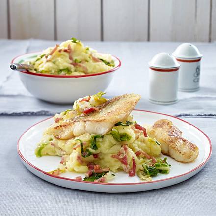 Schinken-Kartoffelstampf zu gebratenem Kabeljau Rezept