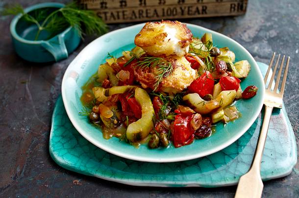 Schmorgurken-Caponata mit Mandelziegenkäse Rezept Schmorgurken-Caponata mit Mandelziegenkäse Rezept