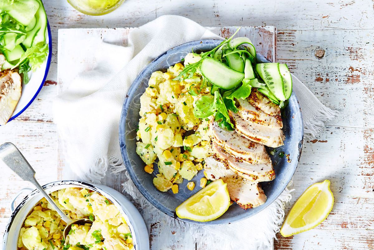 Schnelles Senf-Hähnchen mit Kartoffel-Mais-Smash Rezept