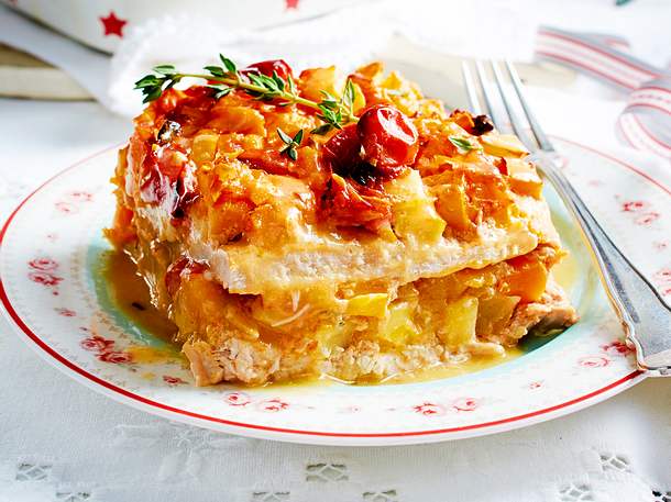Schnitzel-Lasagne mit Kartoffeln und Kürbis Rezept