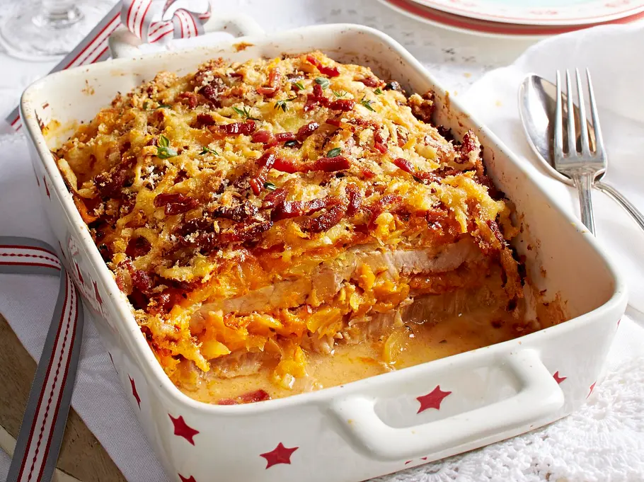 Schnitzel-Lasagne mit Kartoffeln und Kürbis Rezept Schnitzel-Lasagne mit Kartoffeln und Kürbis Rezept