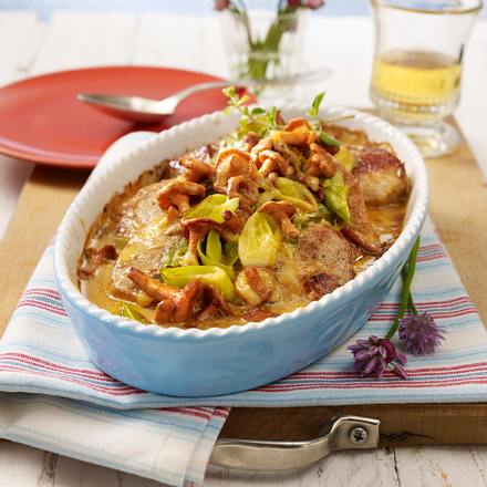 Schnitzelauflauf mit Pfifferlingen und Lauch Rezept Schnitzelauflauf mit Pfifferlingen und Lauch Rezept