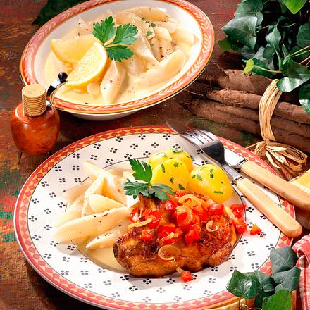 Schwarzwurzeln in Zitronensoße mit Paprika-Kotelett Rezept